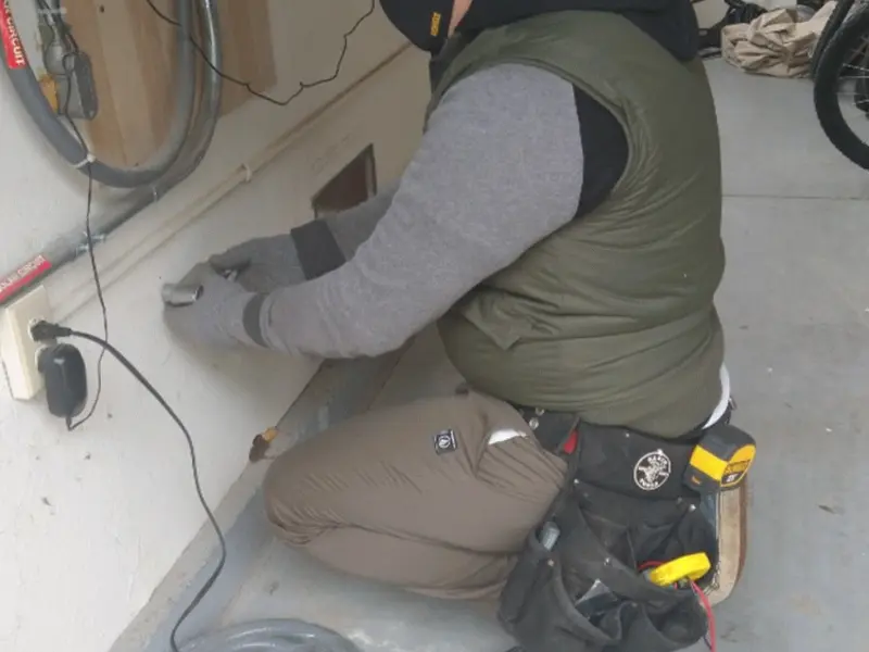 Electrician performing outlet wiring in a Haslet garage